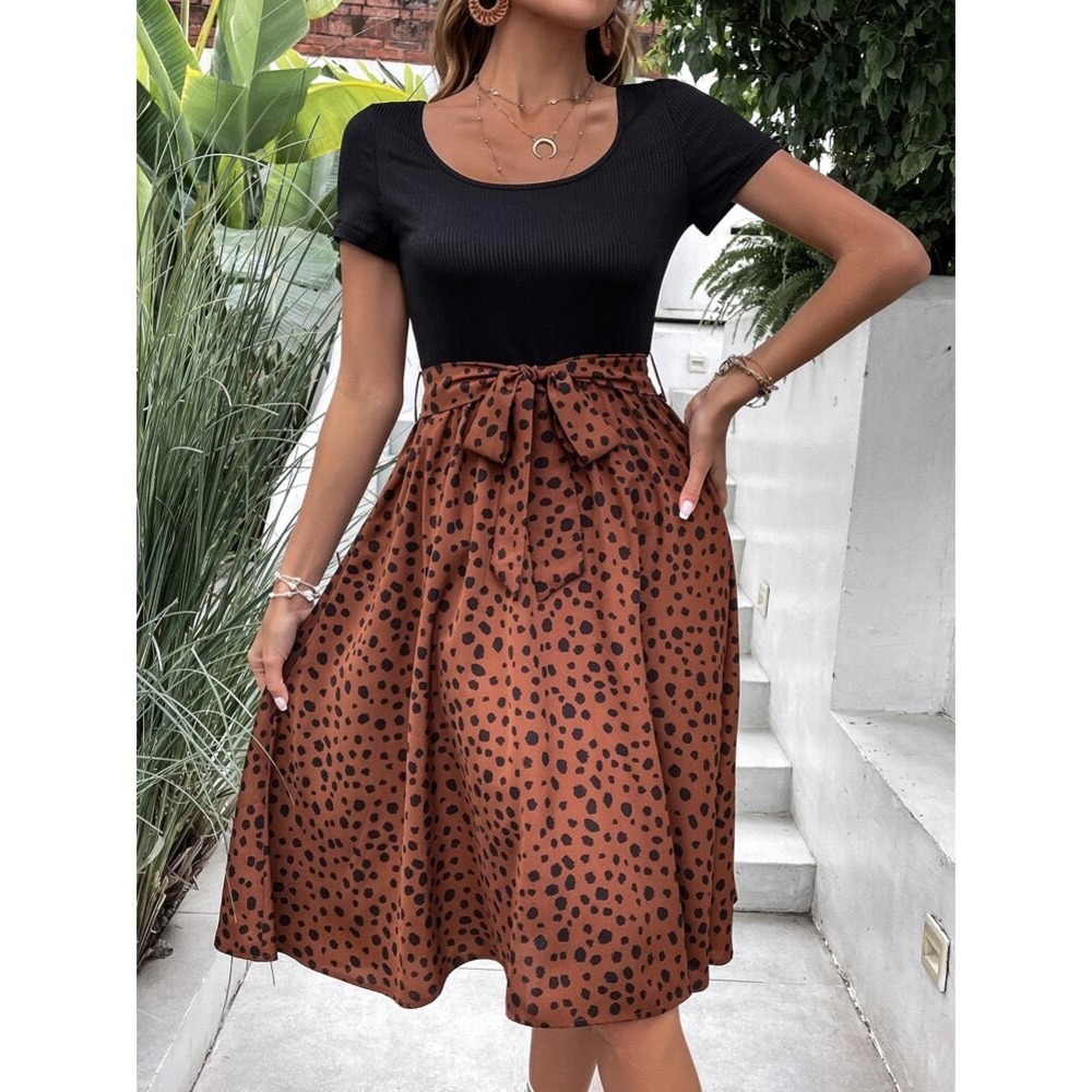 (CL)‎ Shein Womens Black Ribbed Rust Animal Print Belted Midi Dress Size M 6